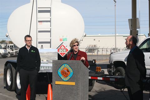 (L-R) Peter Gunnerman, co-founder of Advanced Refining Concepts, Clark County Commissioner Chris Giunchigliani, and David Johnson, manager of Clark County's Automotive Division, kicked off the new clean diesel program on Jan. 20.