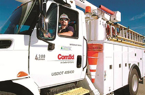 ComEd's green fleet includes biodiesel and hybrid vehicles, like this hybrid bucket truck.