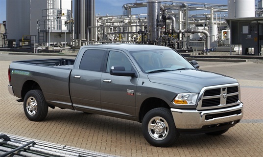 The Ram 2500 CNG is available exclusively as a Crew Cab 4x4 model with  169-inch wheelbase, in either an ST or SLT trim level. Pricing starts at  $47,500, including $995 destination charge.